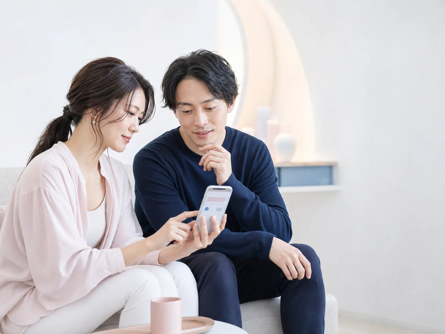 スマートフォンでAI時間診断を確認する男女