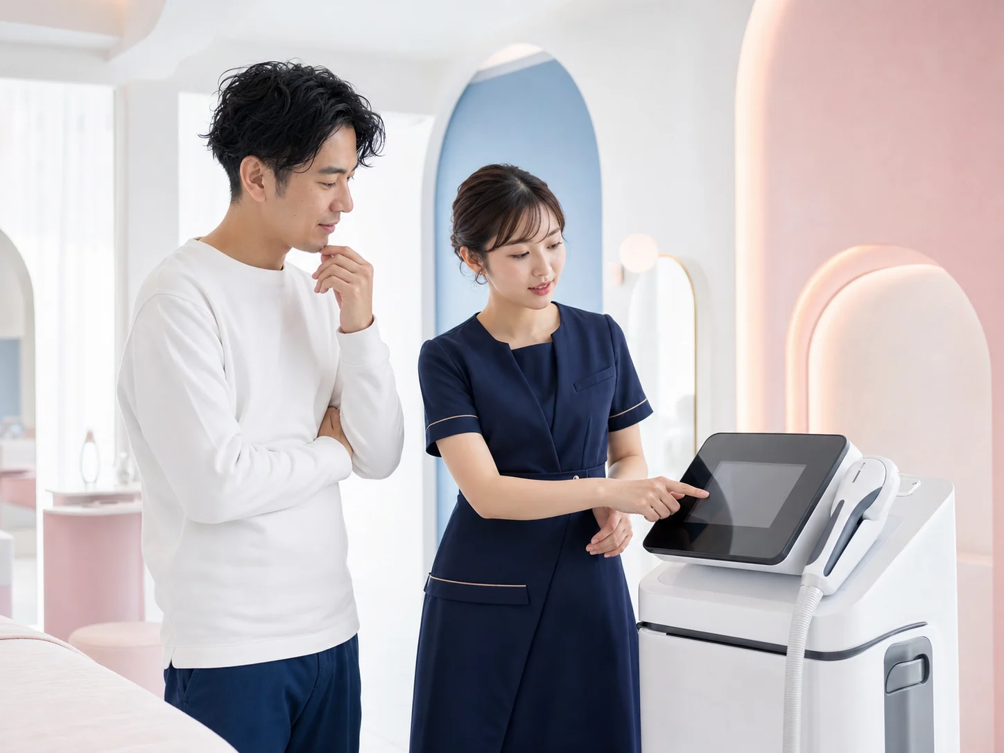 スタッフが男性のお客様へ脱毛機の操作方法を説明する様子